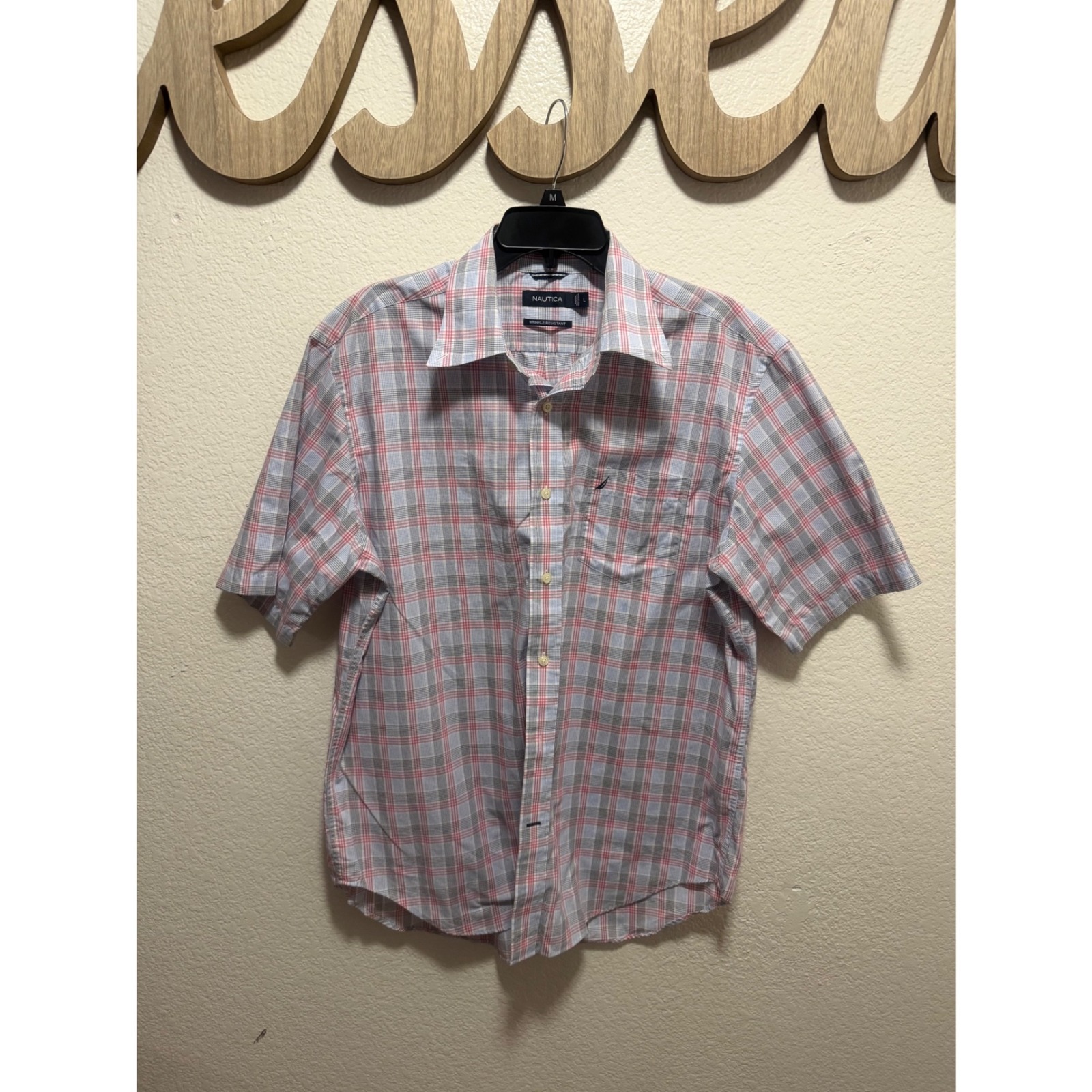 Nautica Mens Large Plaid Button Down Shirt Short Sleeve Wrinkle Resistant Cotton